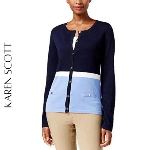 KAREN SCOTT “Intrepid Blue” & White Colorblock Cardigan, S - Picture 1 of 10